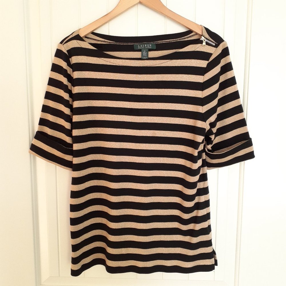 LRL Black & Gold Striped Elbow Length Sleeve Top with Zipper Detail Size XL